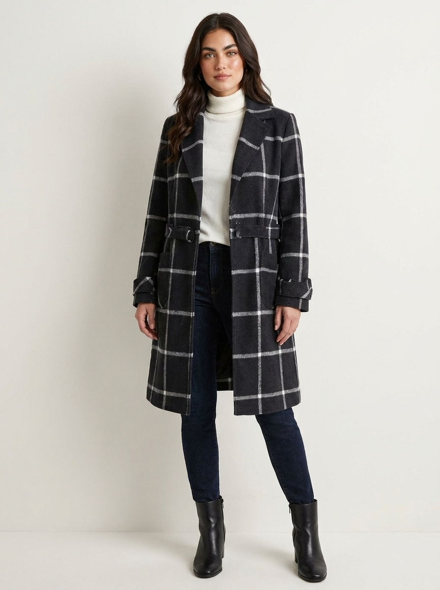 Women's Checked Long Coat | Button Fastening & Classic Fit