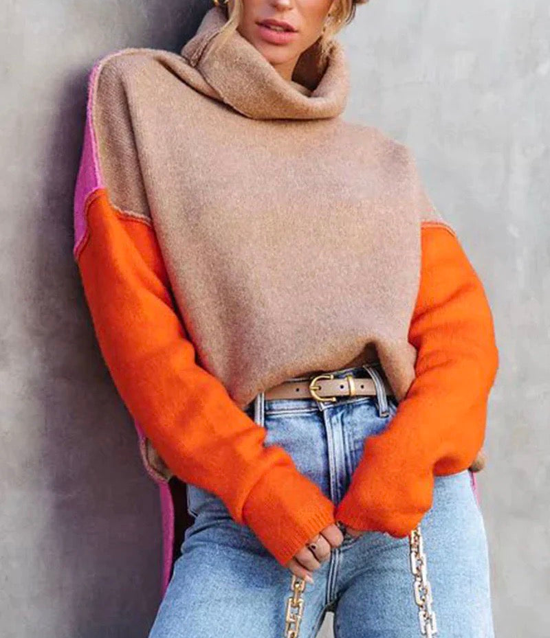 Women's Colour Block Sweater | Oversized & Turtleneck