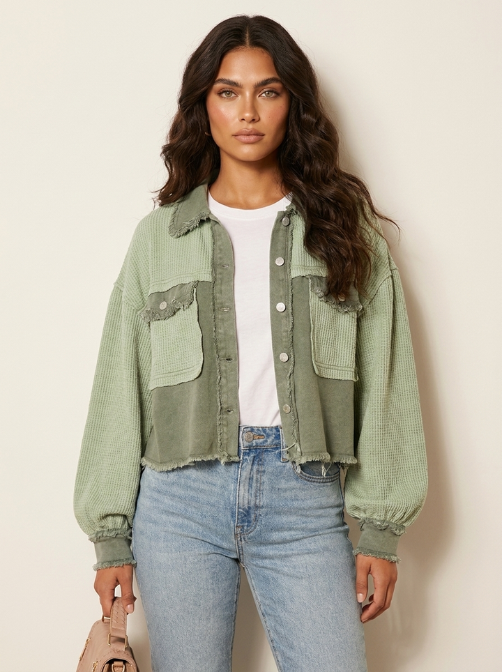 Dames Cropped Jas – Gebreide Mouwen met Denim Details Roze / S - AIDA LENA