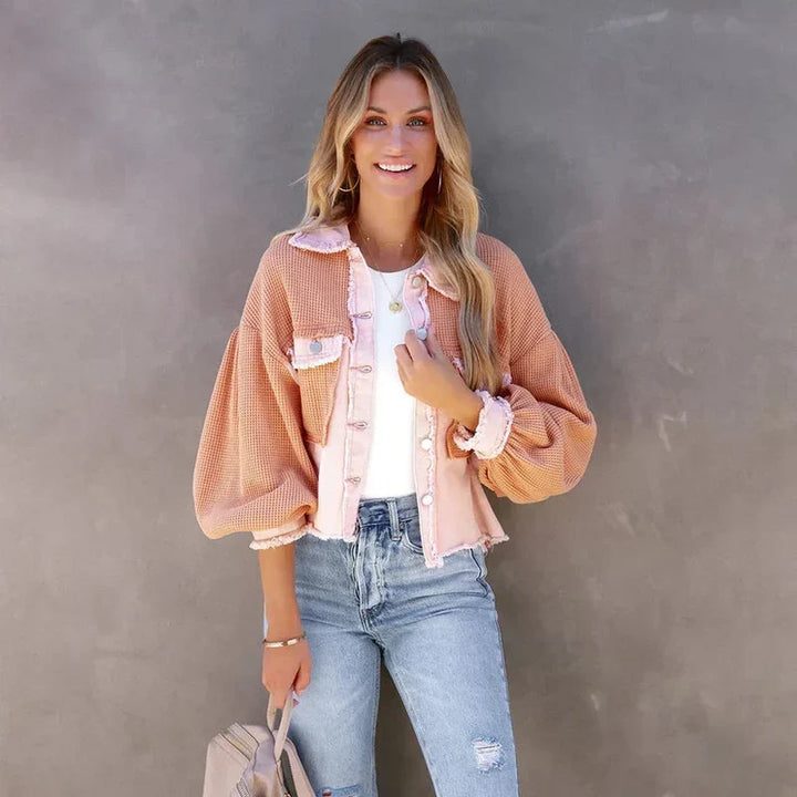 Dames Cropped Jas – Gebreide Mouwen met Denim Details Roze / S - AIDA LENA