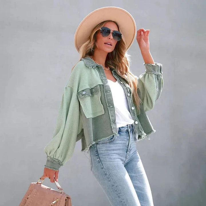 Dames Cropped Jas – Gebreide Mouwen met Denim Details Groen / S - AIDA LENA