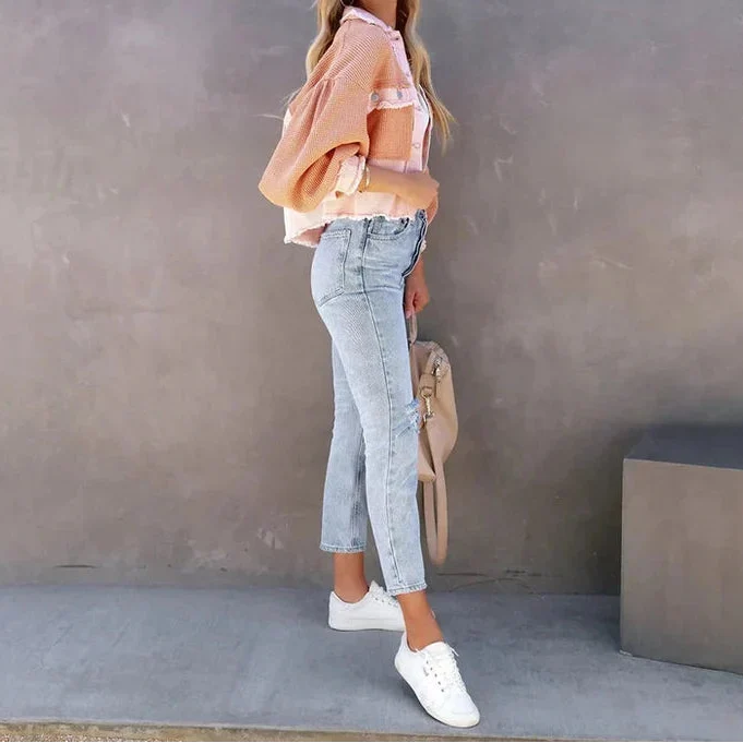Dames Cropped Jas – Gebreide Mouwen met Denim Details Roze / S - AIDA LENA