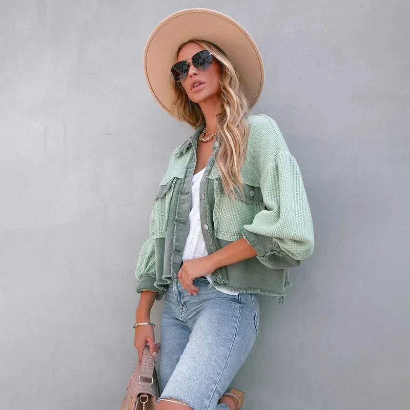 Dames Cropped Jas – Gebreide Mouwen met Denim Details Roze / S - AIDA LENA
