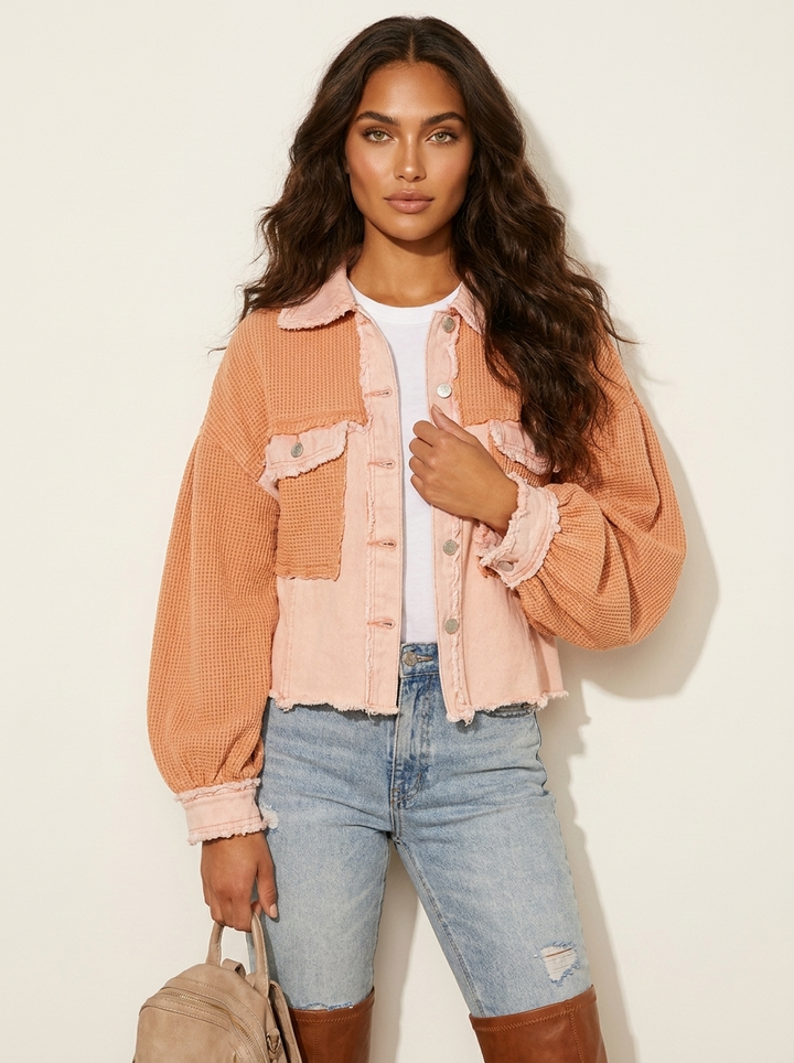 Dames Cropped Jas – Gebreide Mouwen met Denim Details Roze / S - AIDA LENA