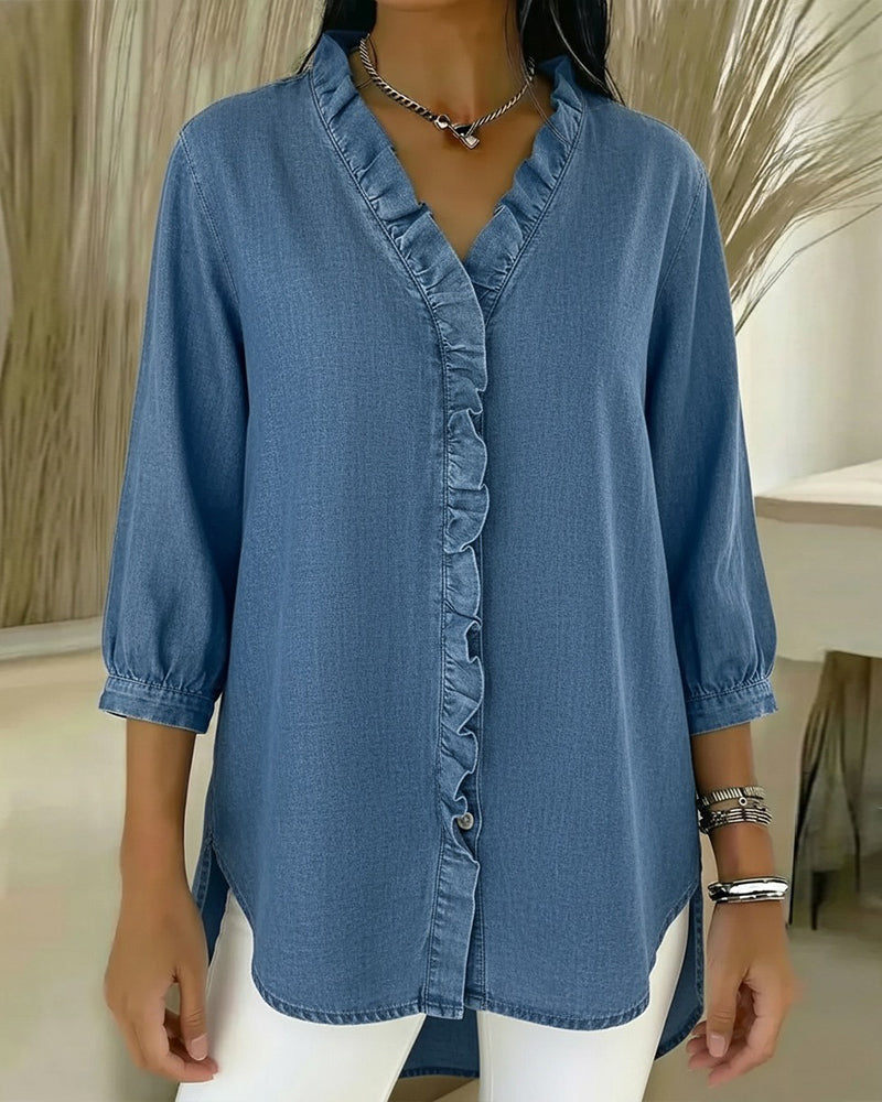 Women's Elegant Blouse | Front Ruffle & V-Neck