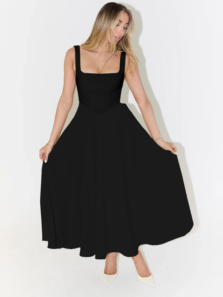 Women's Elegant Midi Dress | Square Neckline & Circle Skirt