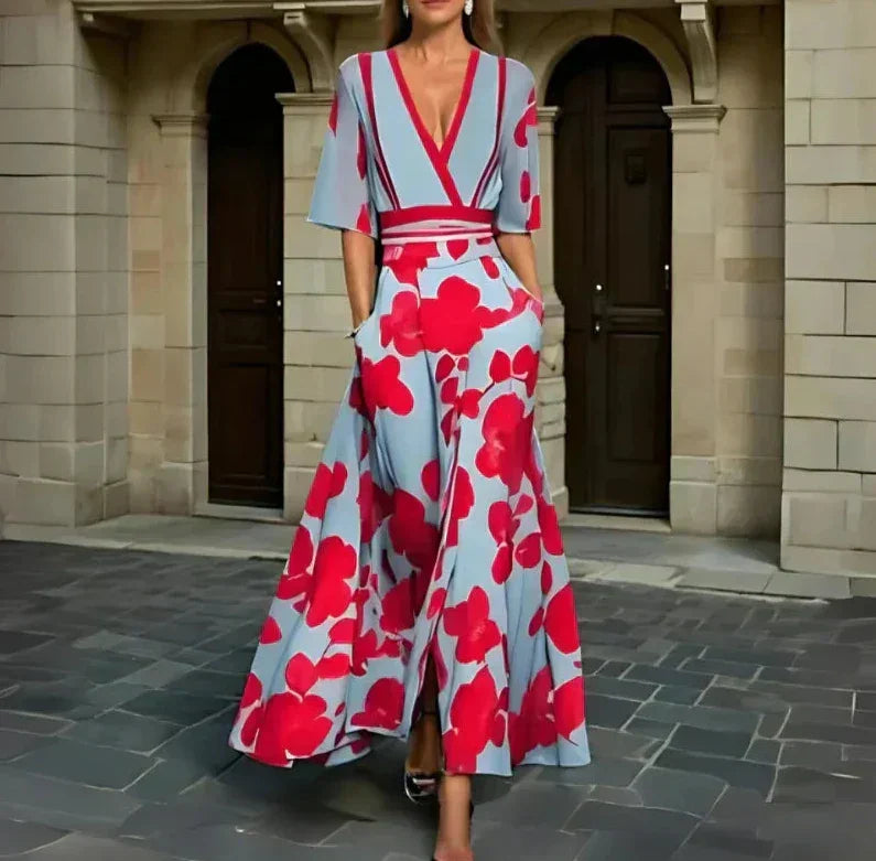 Women's Floral Dress | Long with V-Neck & Maxi Circle Skirt