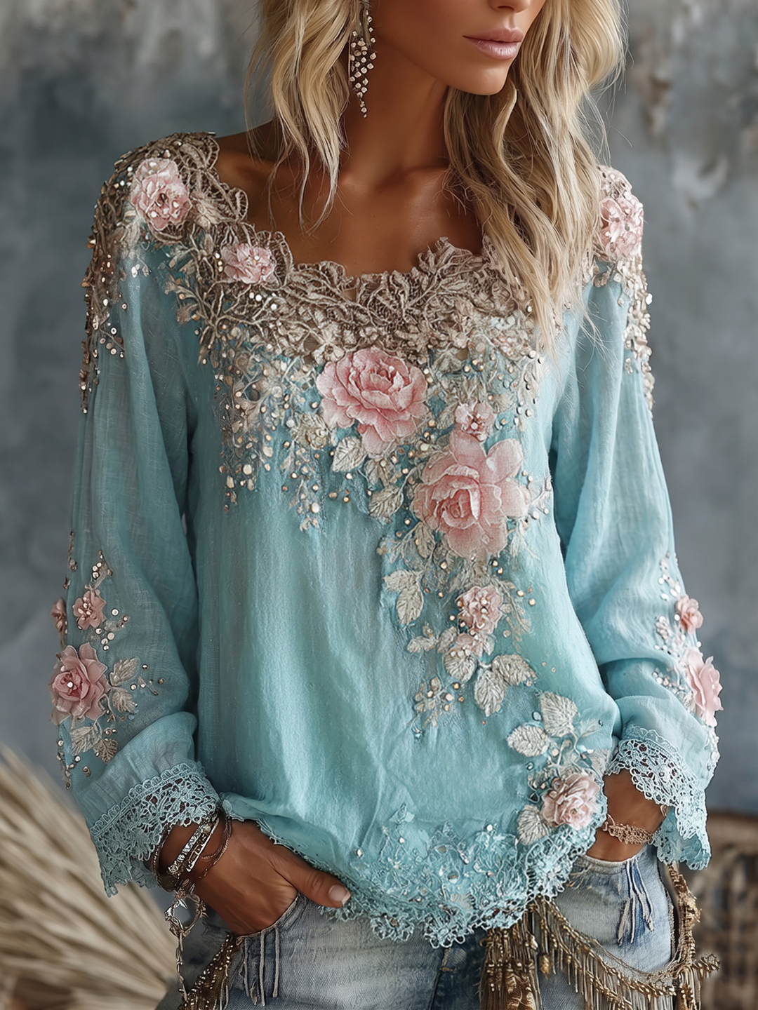 Women's Floral Top | Long Sleeve & Round Neck
