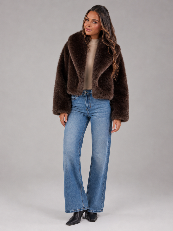 Cropped Faux Fur Jacket with Oversized Shawl Collar