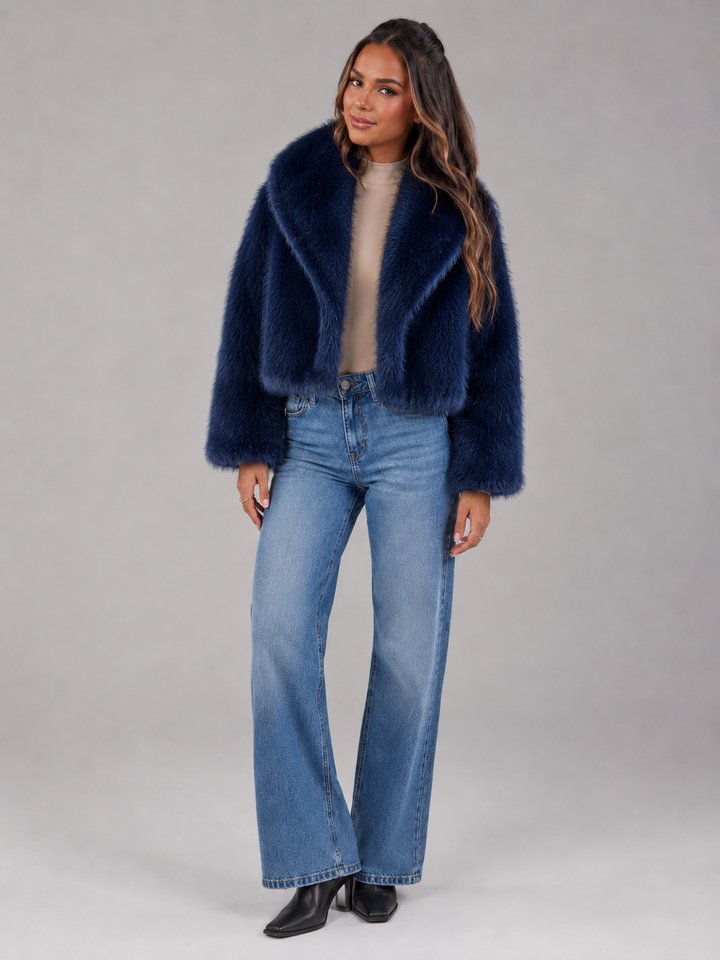 Cropped Faux Fur Jacket with Oversized Shawl Collar