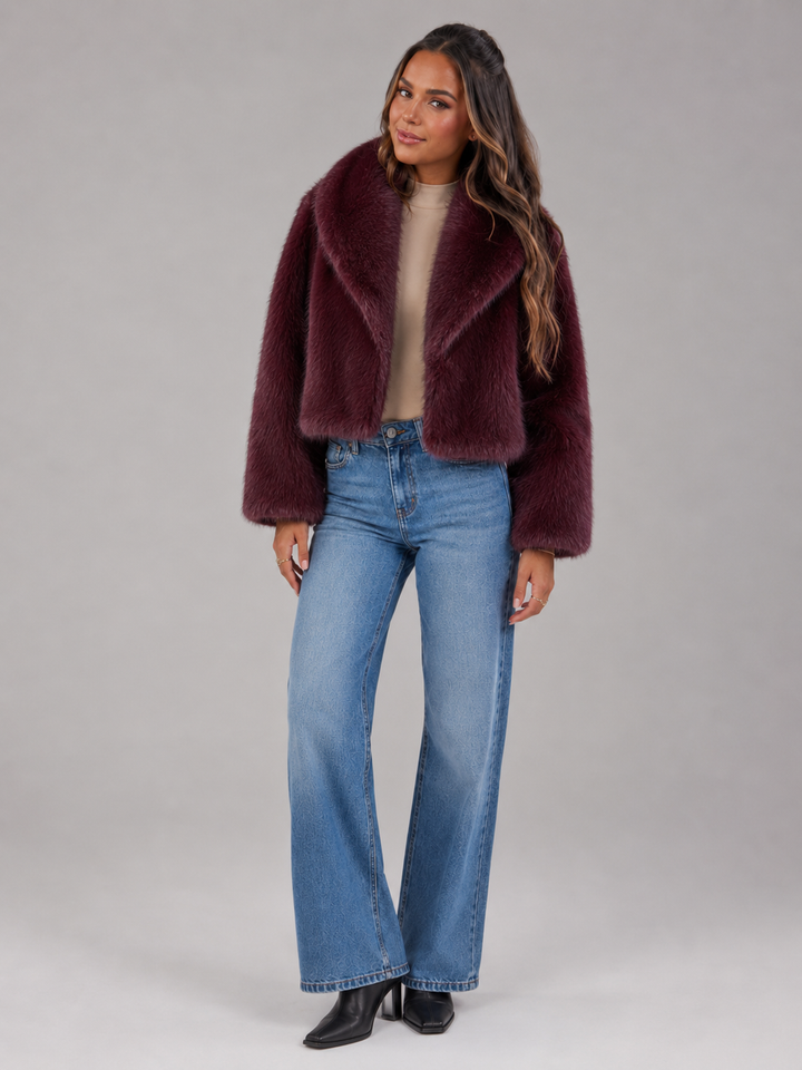 Cropped Faux Fur Jacket with Oversized Shawl Collar
