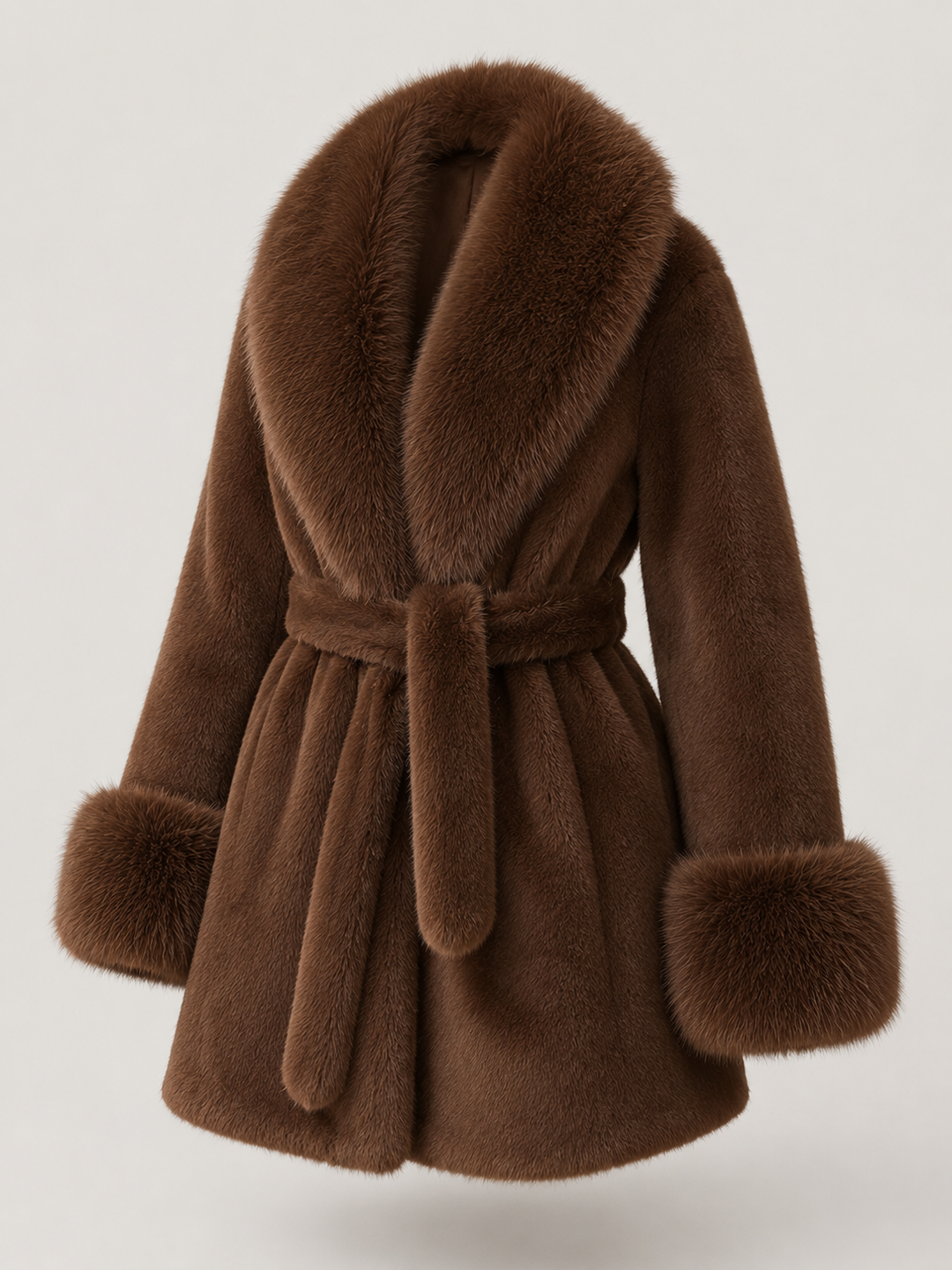 Women's Fur Jacket Oversized Shawl Collar Deep Cuffs with Tie Belt