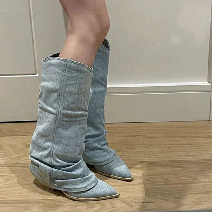 Slouchy Denim Knee-High Boots for Women – Chic &amp; Comfortable Style