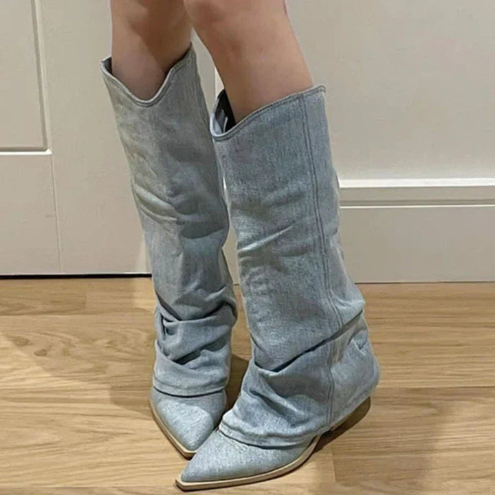 Slouchy Denim Knee-High Boots for Women – Chic &amp; Comfortable Style