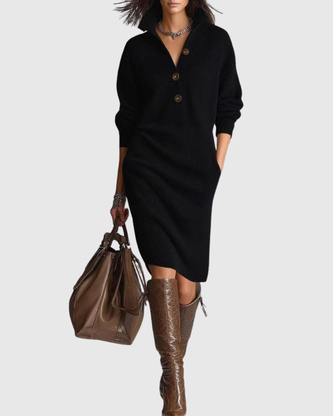 Women's Knit Midi Dress | Button-Up & Long Sleeve 1