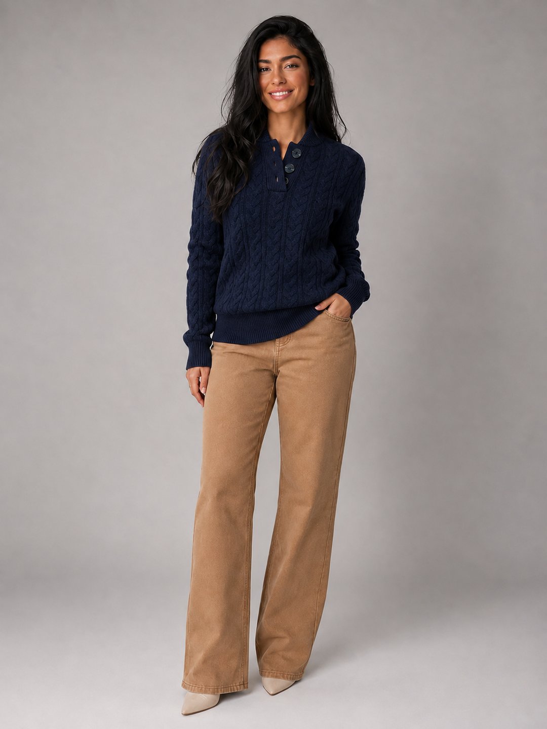 Cable Knit Sweater with Buttoned Stand Collar