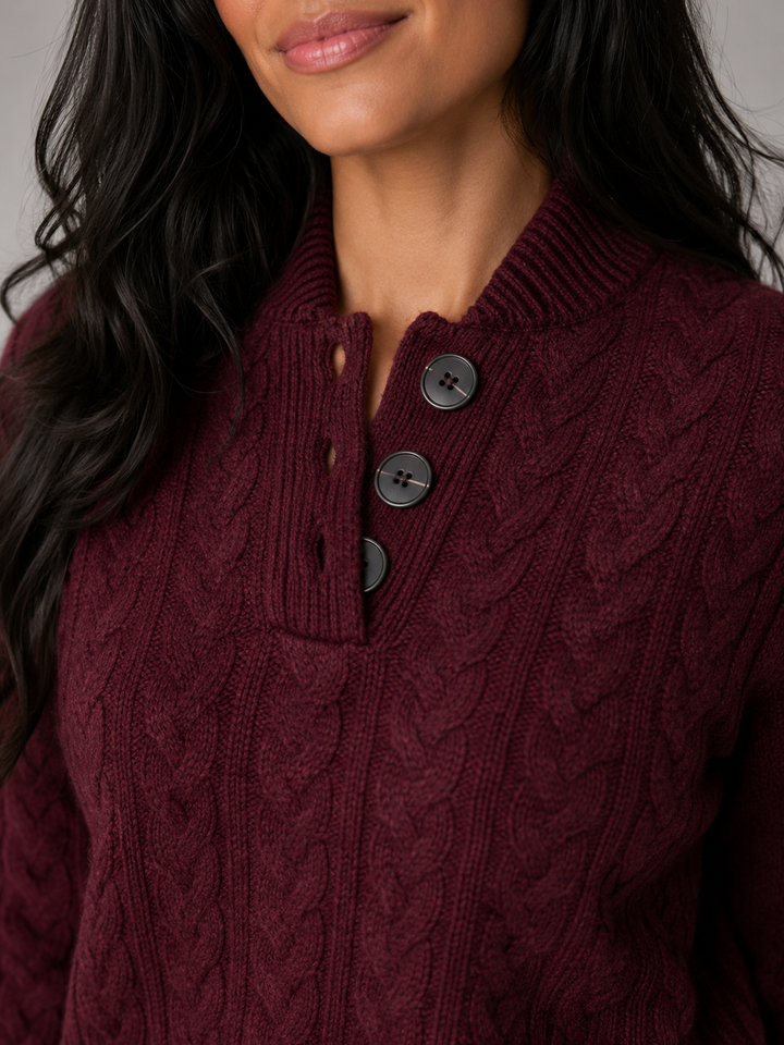 Cable Knit Sweater with Buttoned Stand Collar