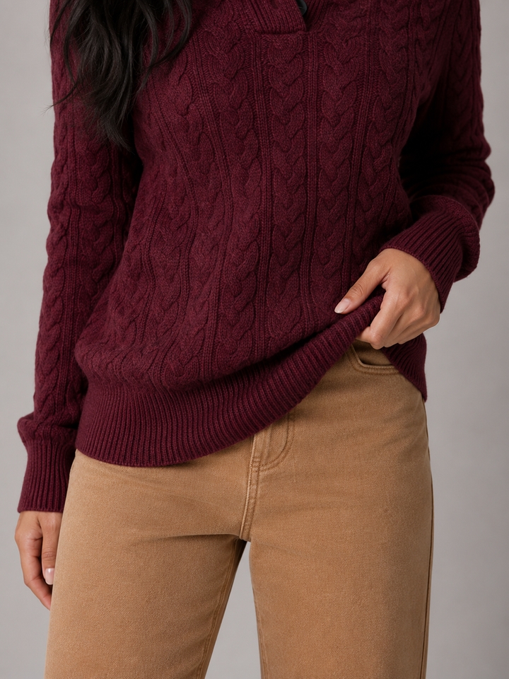 Cable Knit Sweater with Buttoned Stand Collar