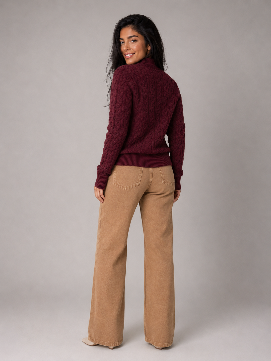 Cable Knit Sweater with Buttoned Stand Collar