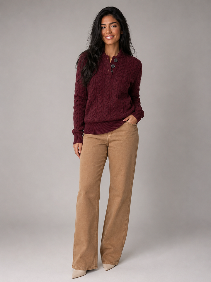 Cable Knit Sweater with Buttoned Stand Collar
