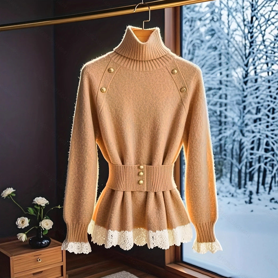 Women's Knitted Sweater | High Collar & Button Detail
