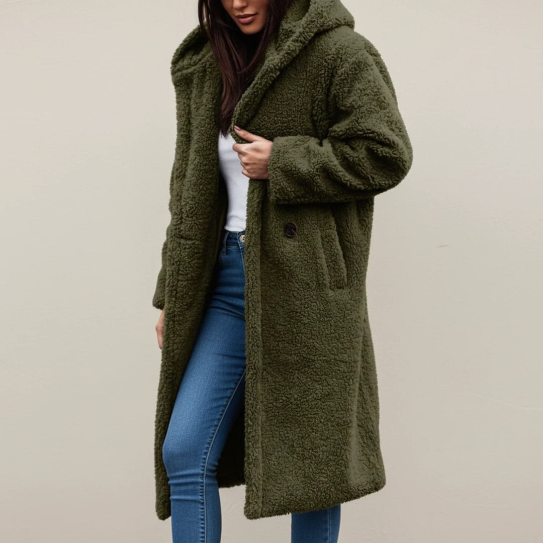 Women's Long Coat Button Front Overcoat Patch Pockets with Hood Design