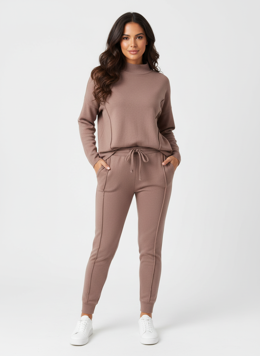 Dames lounge set in taupe: losvallende trui met lange mouwen en broek met trekkoord.