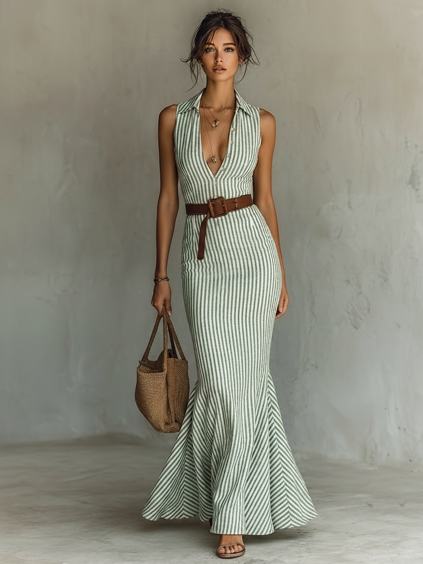 Women's Maxi Dress | Bodycon Mermaid with Vertical Stripes & Shirt Collar