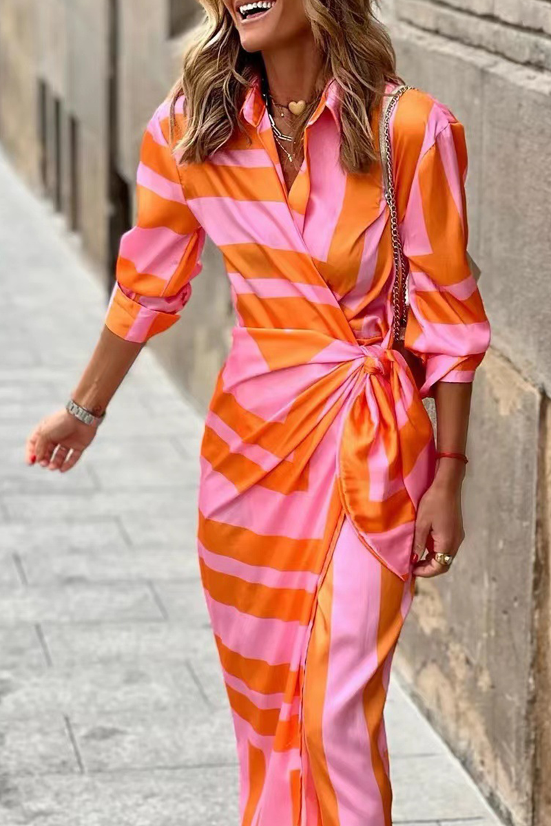 Women's Maxi Dress | Bold Two-Tone Stripes & Side Twist Draping