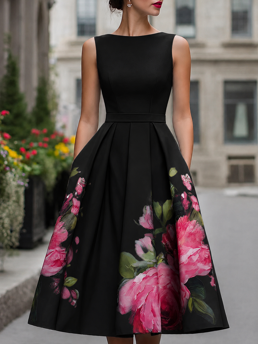 Women's Midi Dress | Flared Floral with Circle Skirt & Sleeveless
