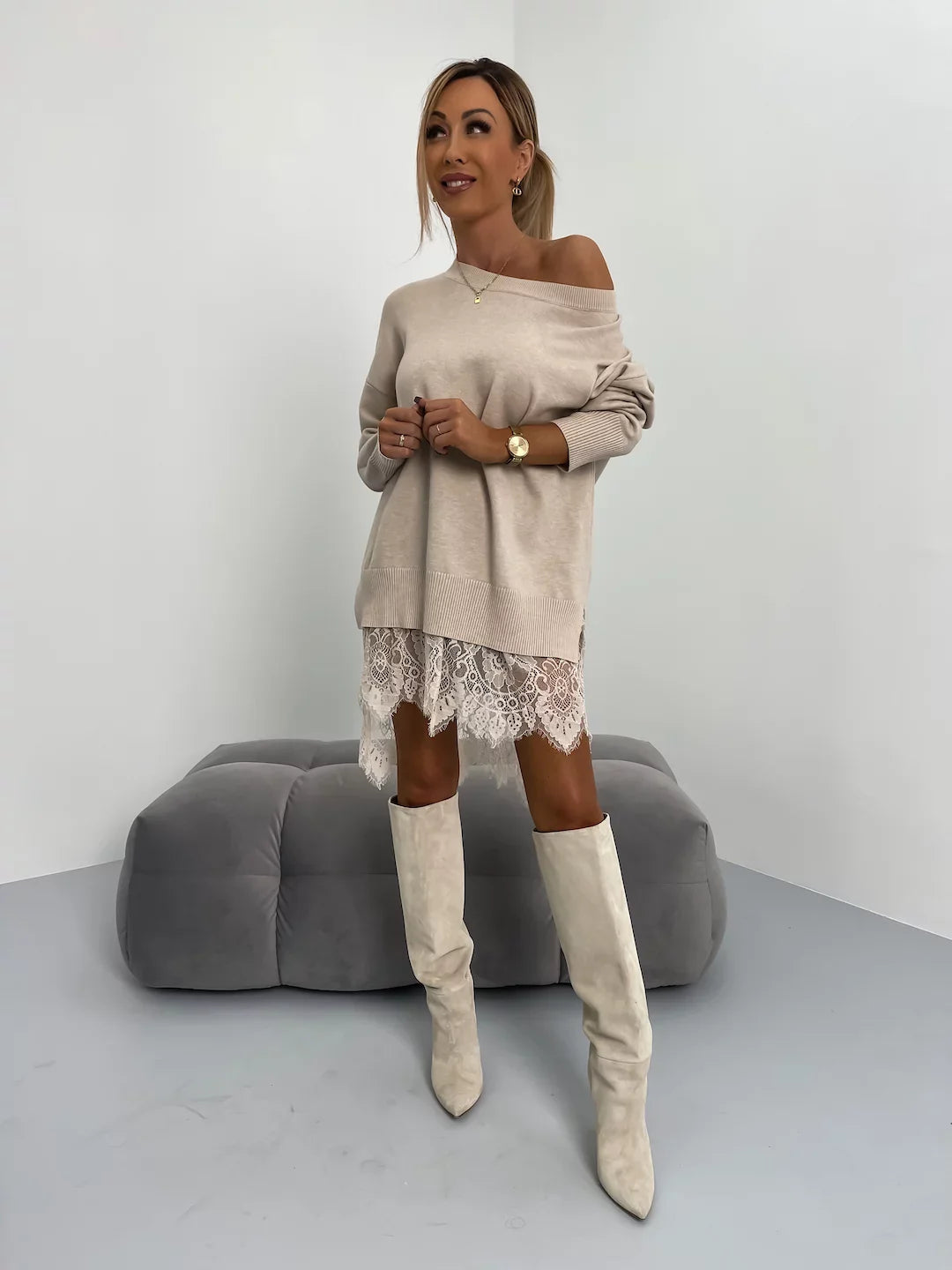 Women's Mini Dress | Oversized Jumper & Romantic Lace Hem