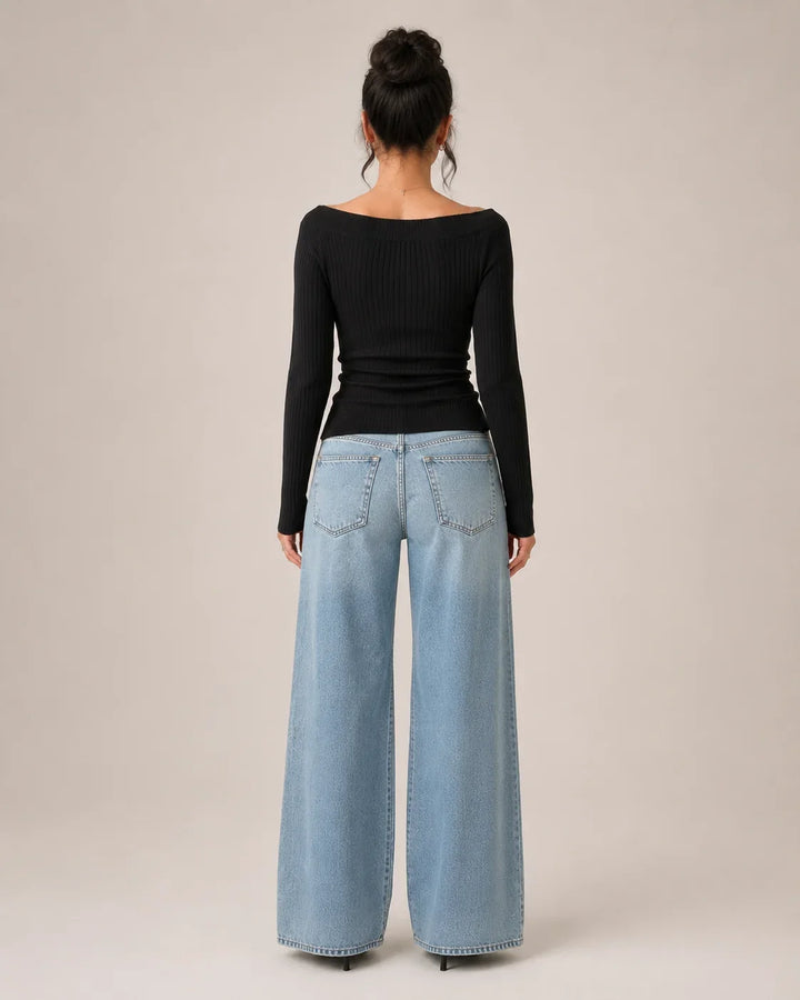 Dames Off Shoulder Top – Geribd Model met Lange Mouwen S - AIDA LENA
