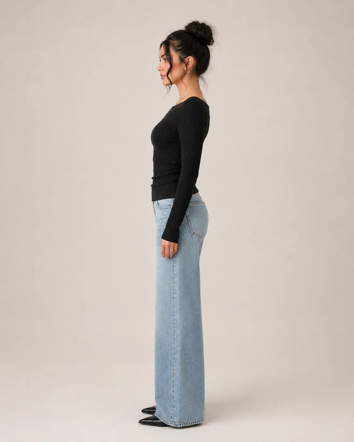 Dames Off Shoulder Top – Geribd Model met Lange Mouwen S - AIDA LENA