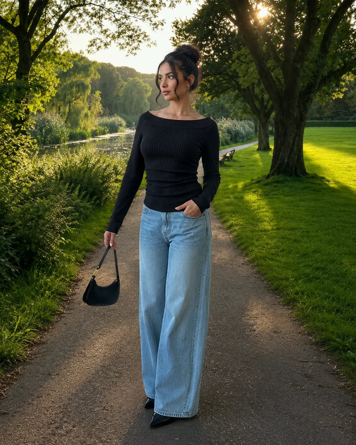 Dames Off Shoulder Top – Geribd Model met Lange Mouwen S - AIDA LENA
