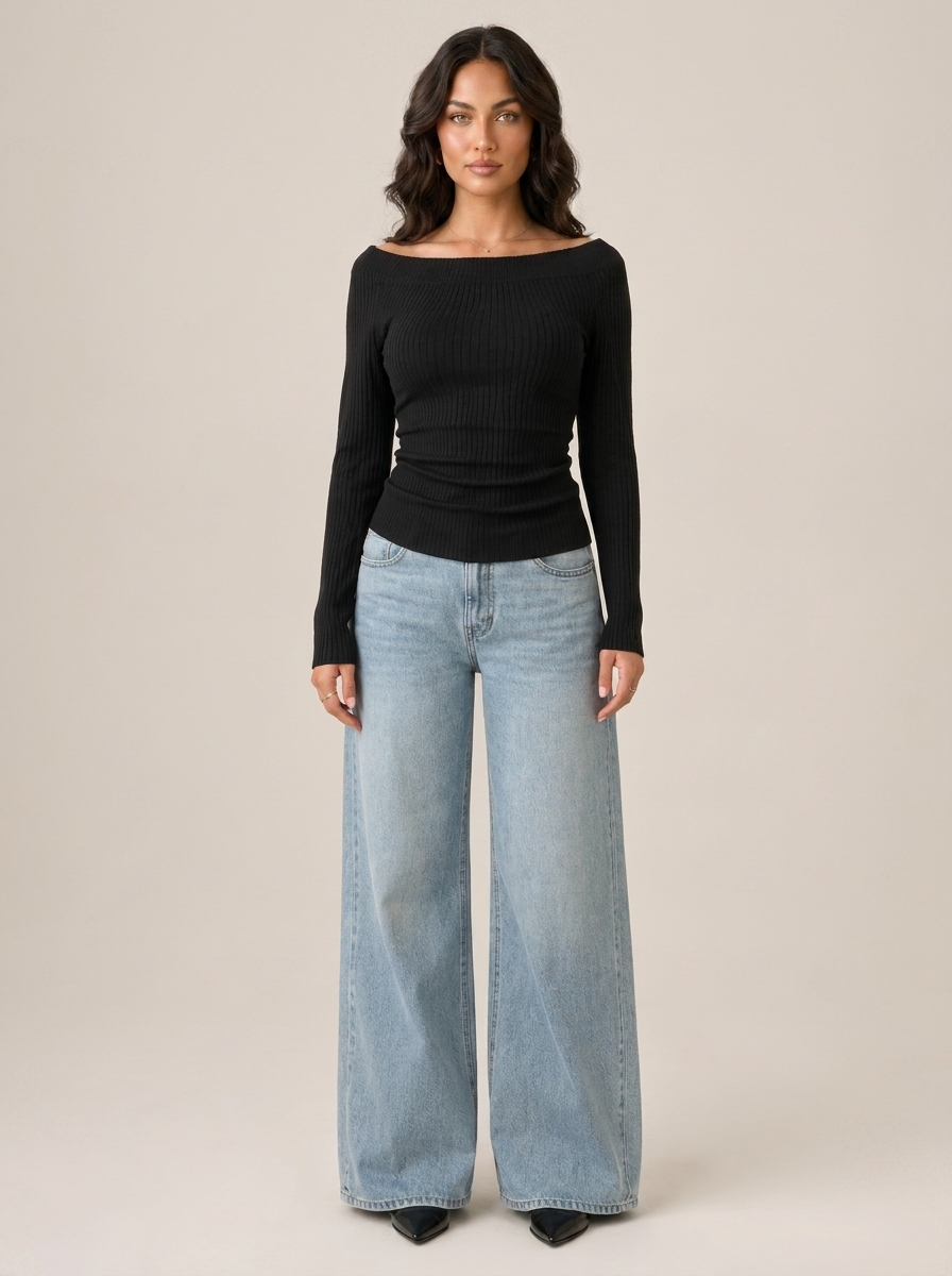 Dames Off Shoulder Top – Geribd Model met Lange Mouwen S - AIDA LENA