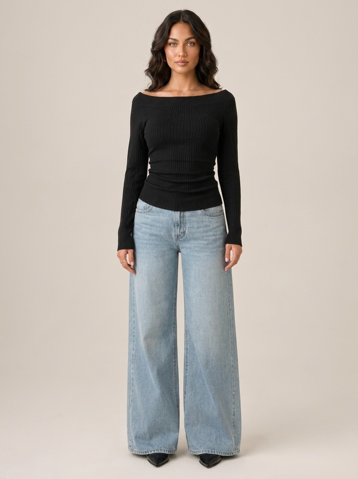 Dames Off Shoulder Top – Geribd Model met Lange Mouwen S - AIDA LENA