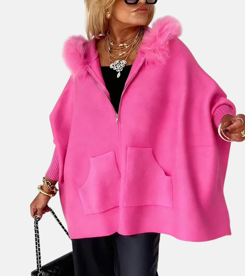 Women's Oversized Coat Hooded Relaxed Batwing Sleeves with Fur Trim