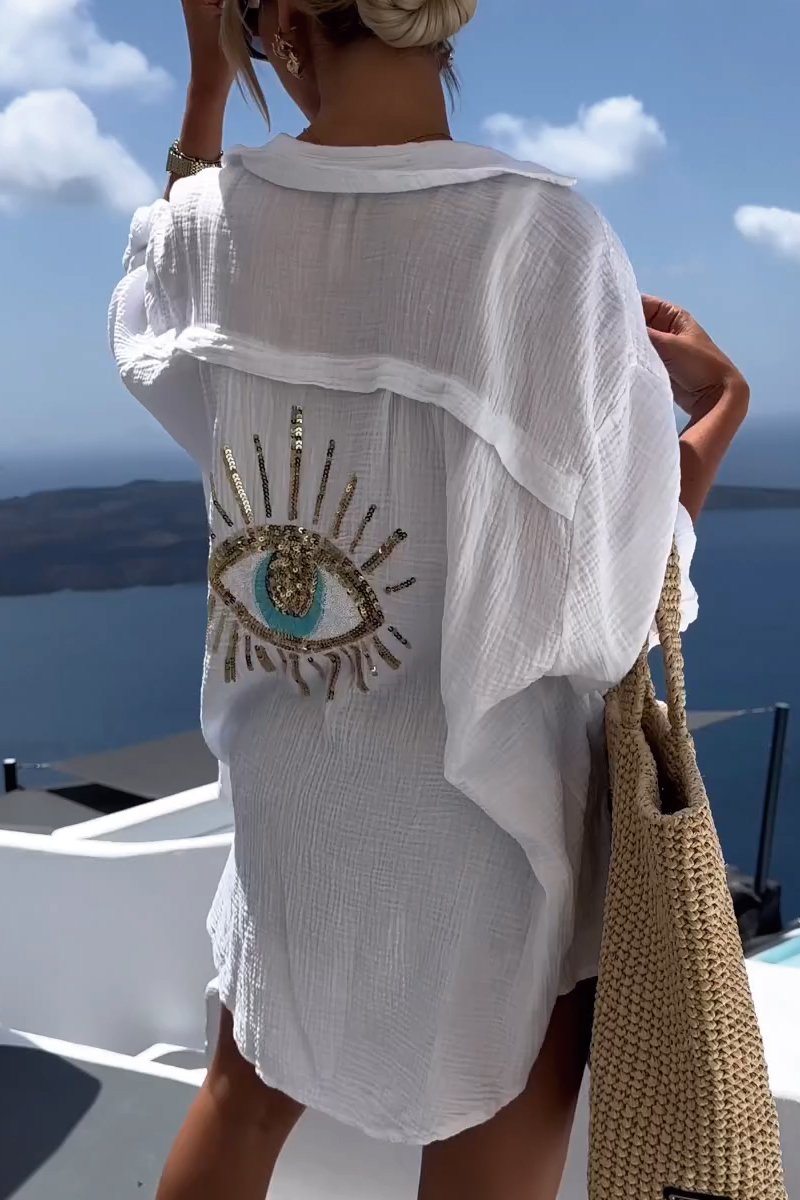 Women's Oversized Shirt | Eye Embroidery & Gold-Tone Sequins
