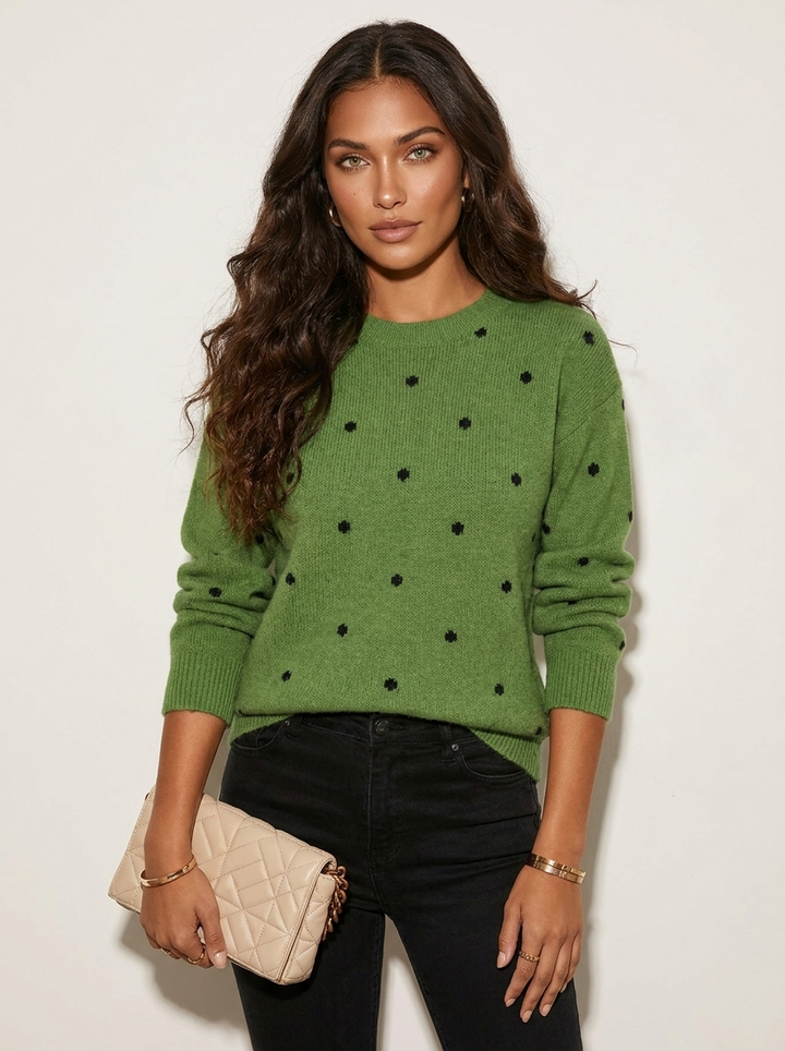 Gebreide trui met ronde hals, groene kleur met zwarte stippen