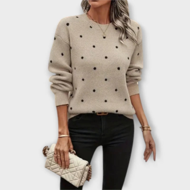 Gebreide trui met ronde hals, beige/khaki kleur en zwarte stippen