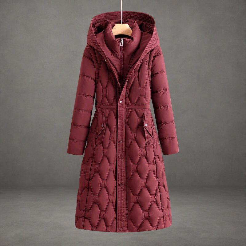 Women's Puffer Jacket Longline Hooded Full Zip Front with Ribbed Trim