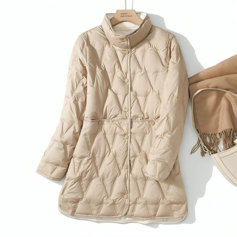 Women's Puffer Jacket Longline Quilted with Raised Collar, Pockets