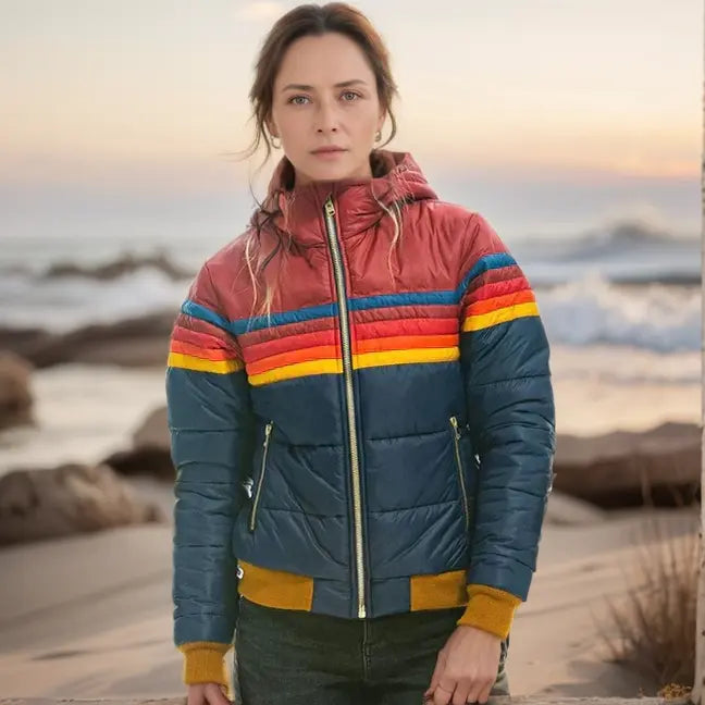 Retro Color Block Puffer Jacket for Women – Stylish &amp; Warm Quilted Design 1