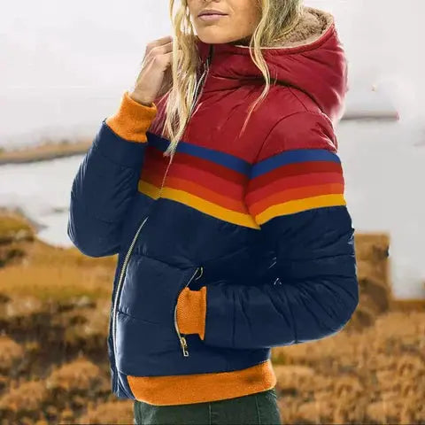 Retro Color Block Puffer Jacket for Women – Stylish &amp; Warm Quilted Design 2