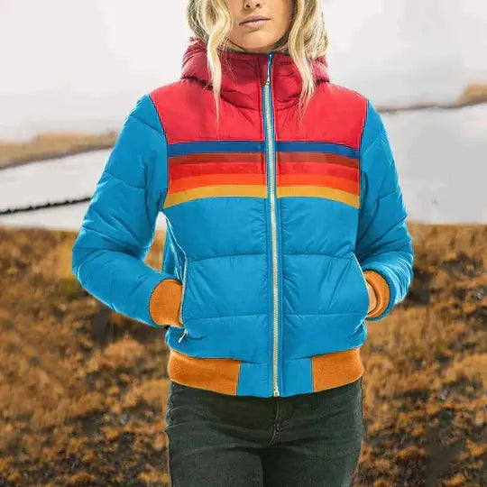 Retro Color Block Puffer Jacket for Women – Stylish &amp; Warm Quilted Design 3