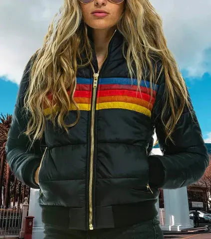 Retro Color Block Puffer Jacket for Women – Stylish &amp; Warm Quilted Design 4