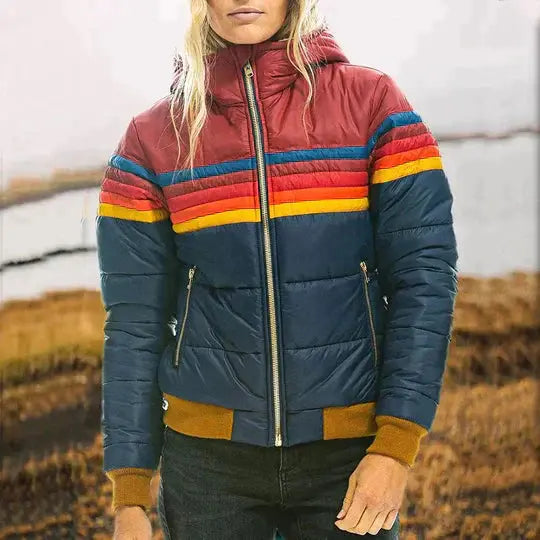 Retro Color Block Puffer Jacket for Women – Stylish &amp; Warm Quilted Design 0