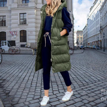 Women's Puffer Vest Longline Hooded Quilted Below Knee with Pockets