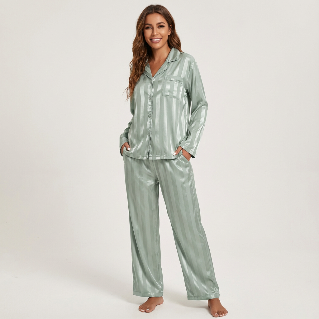 Dames Satijnen Pyjama Set – Gestreept Design met Zijdezachte Afwerking Beige / S - AIDA LENA
