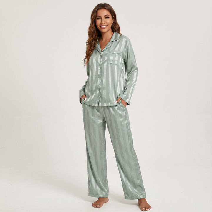Dames Satijnen Pyjama Set – Gestreept Design met Zijdezachte Afwerking Beige / S - AIDA LENA